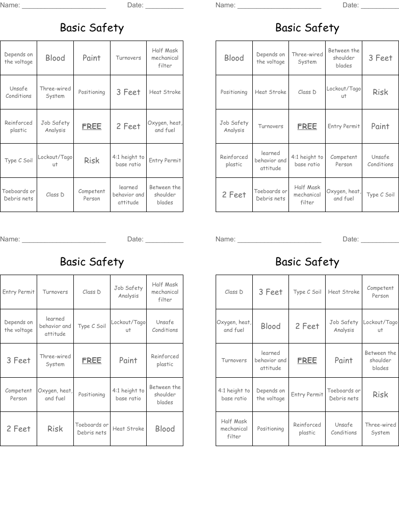 Basic Safety Bingo Cards