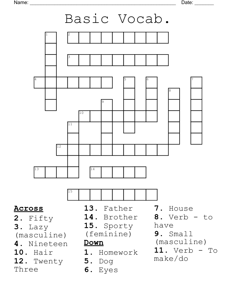 Basic Vocab. Crossword
