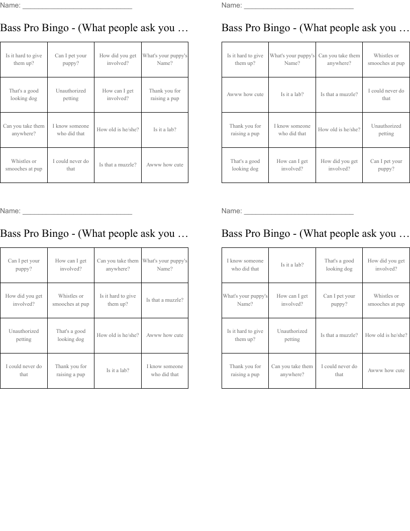 Bass Pro Bingo - (What people ask you today)