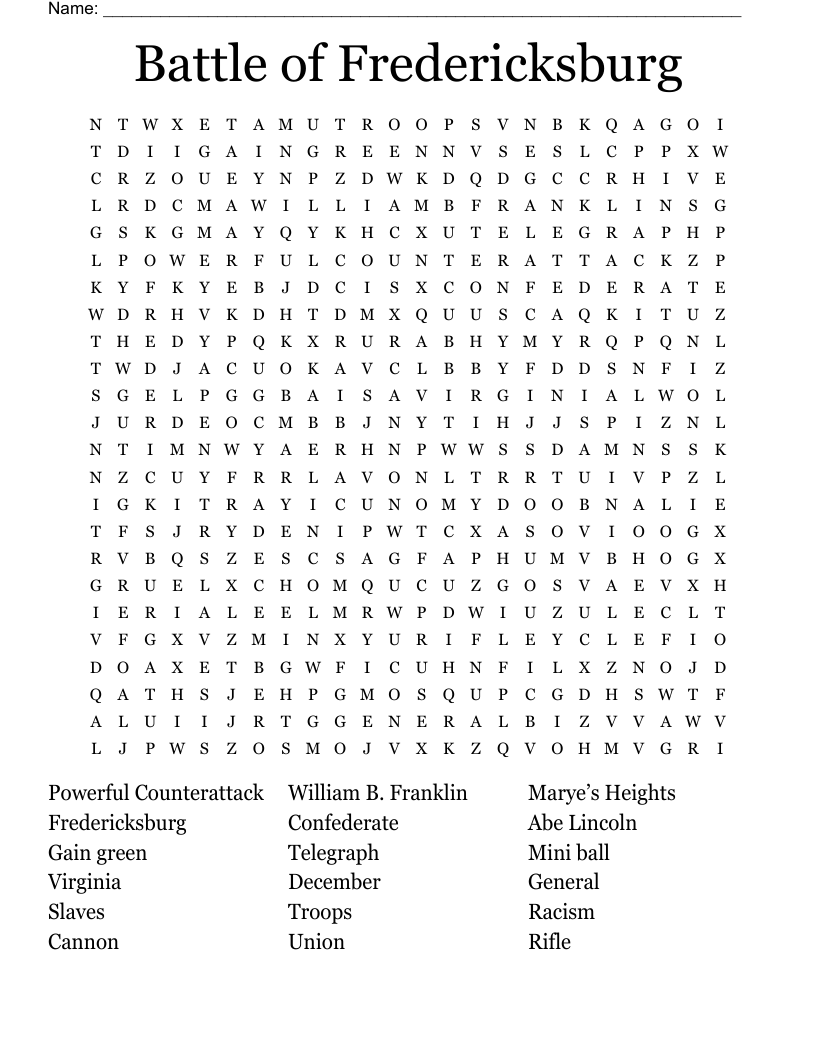 Battle of Fredericksburg Word Search