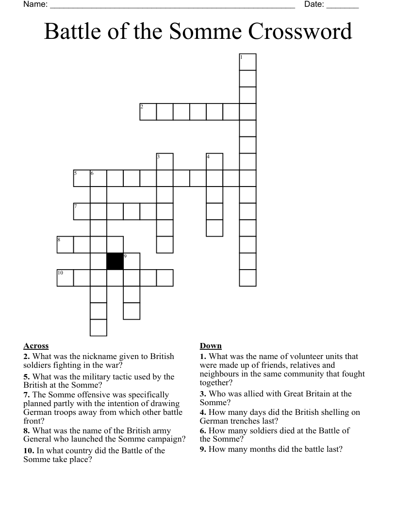 Battle of the Somme Crossword 