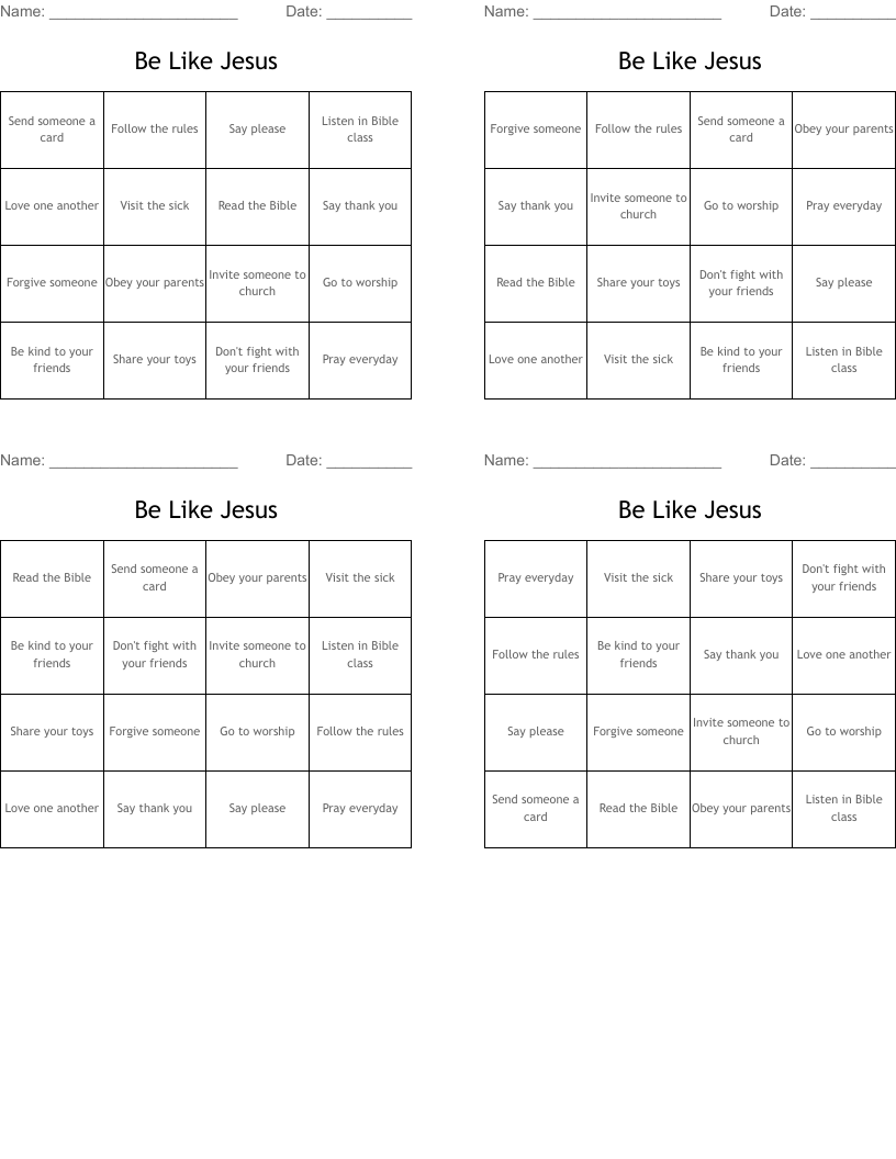 Be Like Jesus Bingo Cards