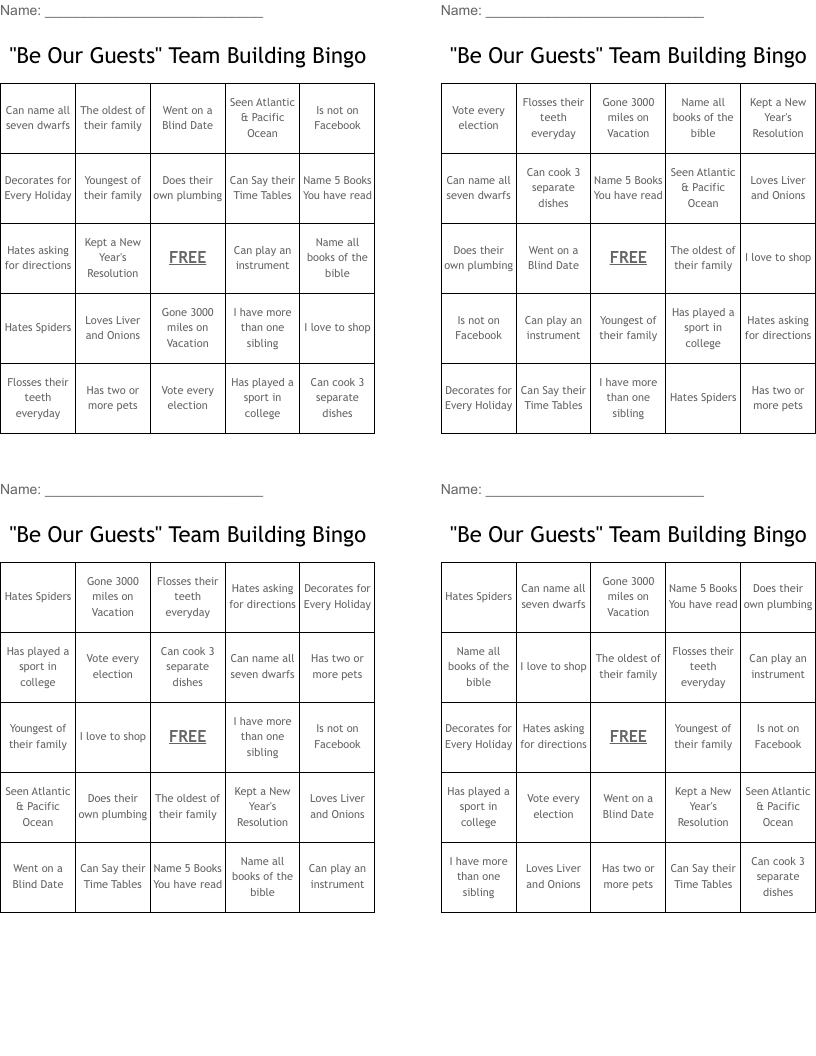 "Be Our Guests" Team Building Bingo