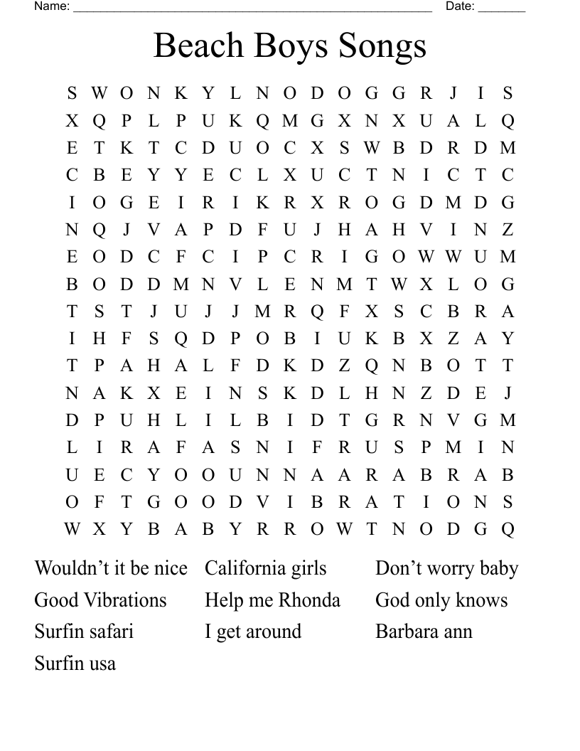 Beach Boys Songs Word Search
