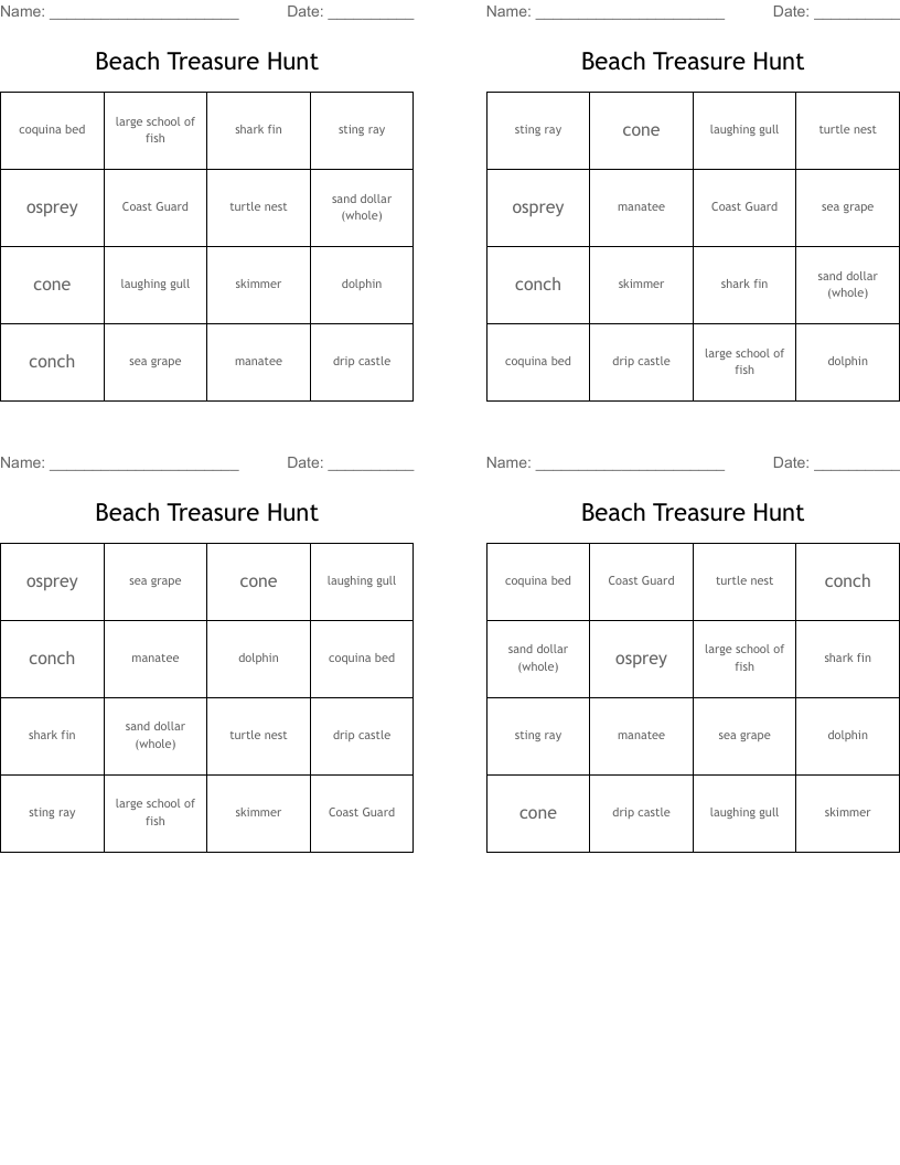 Beach Treasure Hunt Bingo Cards