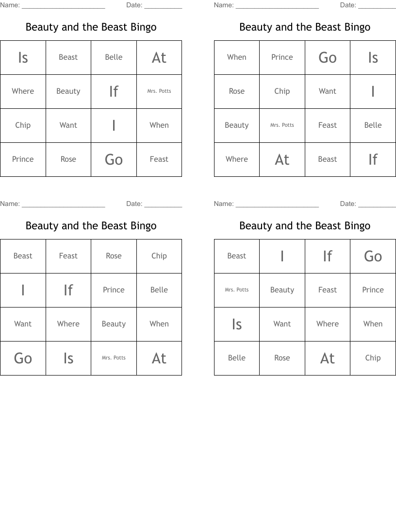 Beauty and the Beast Bingo