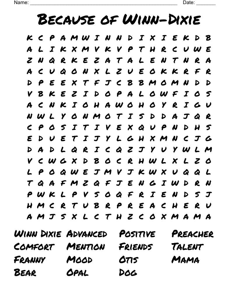 Because of Winn-Dixie Word Search