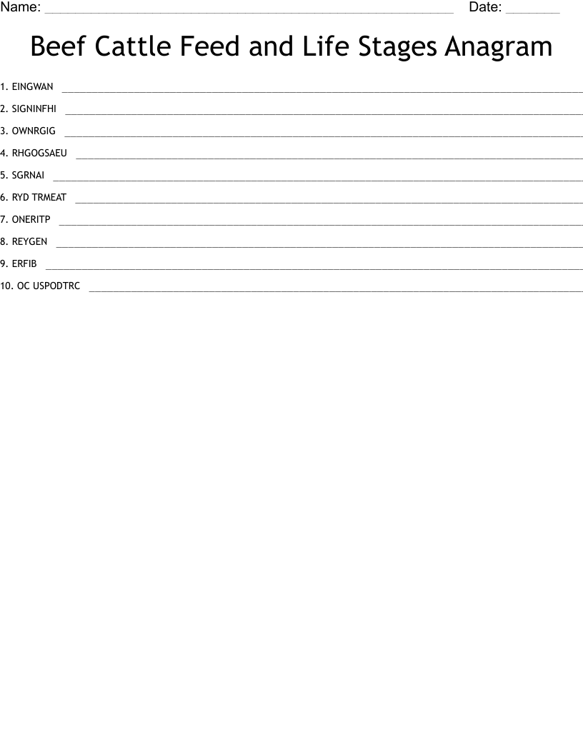 Beef Cattle Feed and Life Stages Anagram Word Scramble WordMint