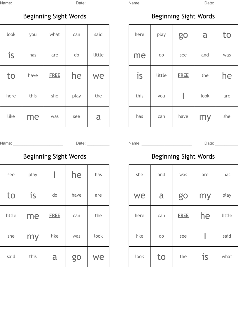 Beginning Sight Words Bingo Cards