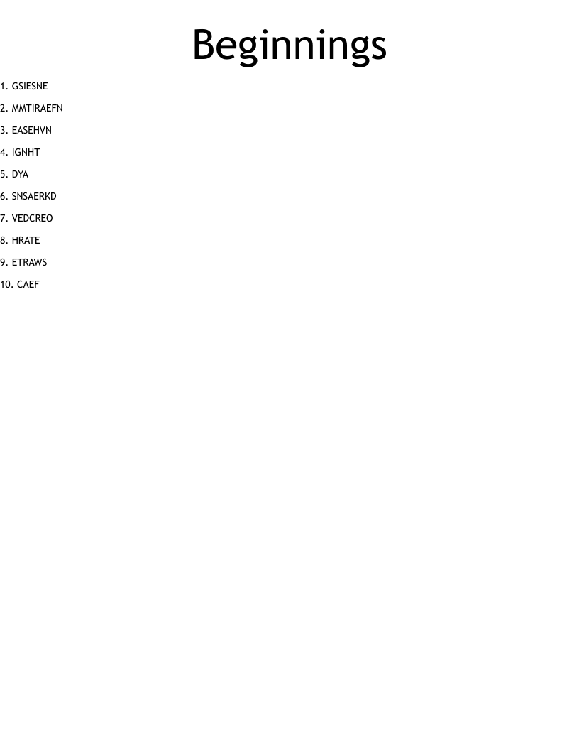 Beginnings  Word Scramble