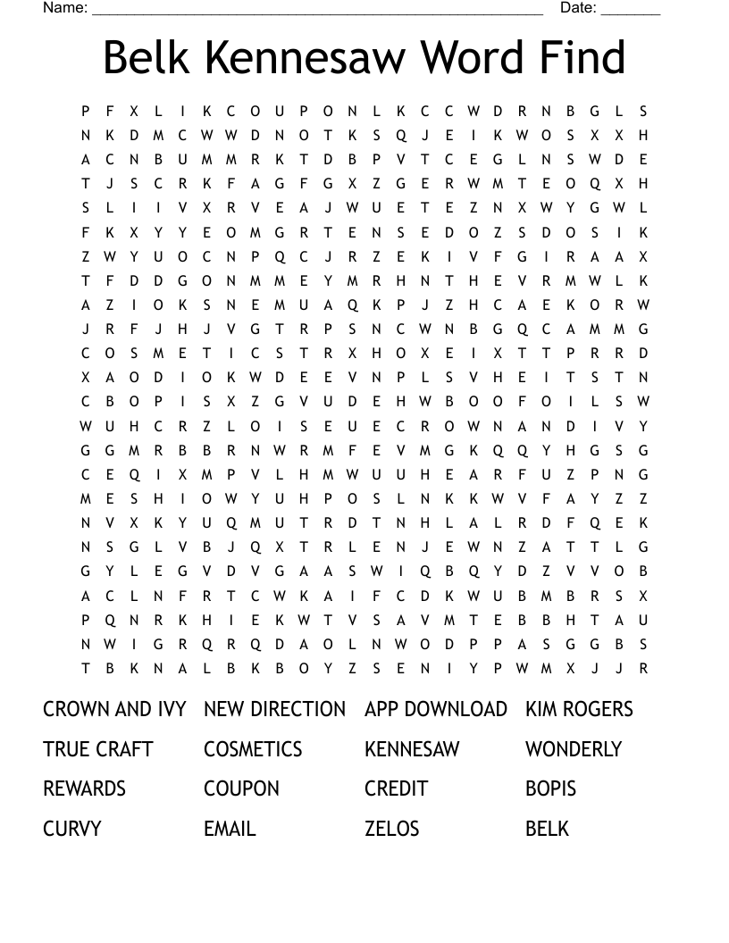 Belk Kennesaw Word Find Word Search