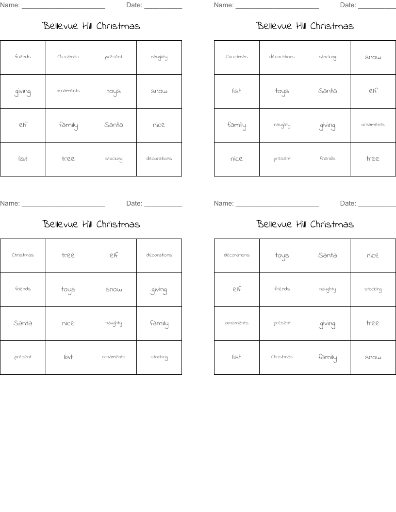 Bellevue Hill Christmas Bingo Cards