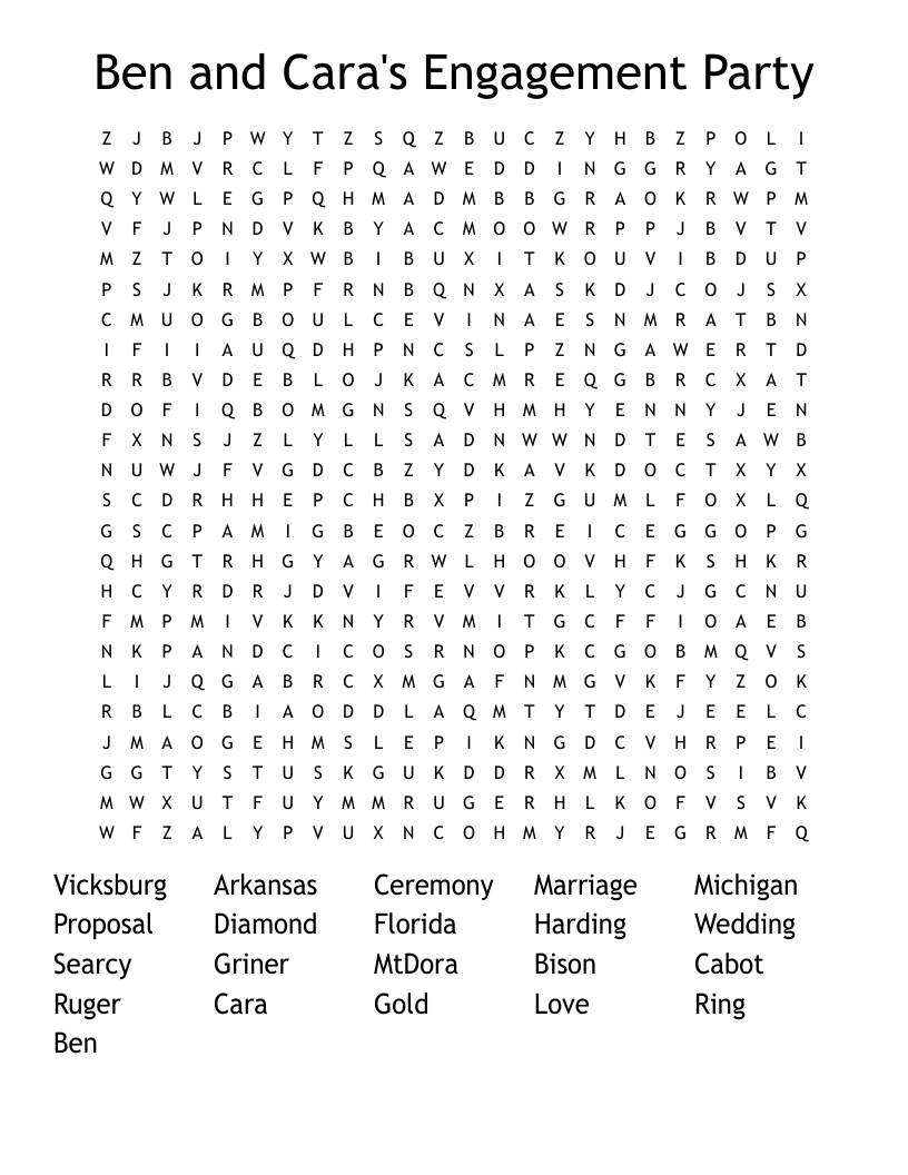 Ben and Cara's Engagement Party Word Search