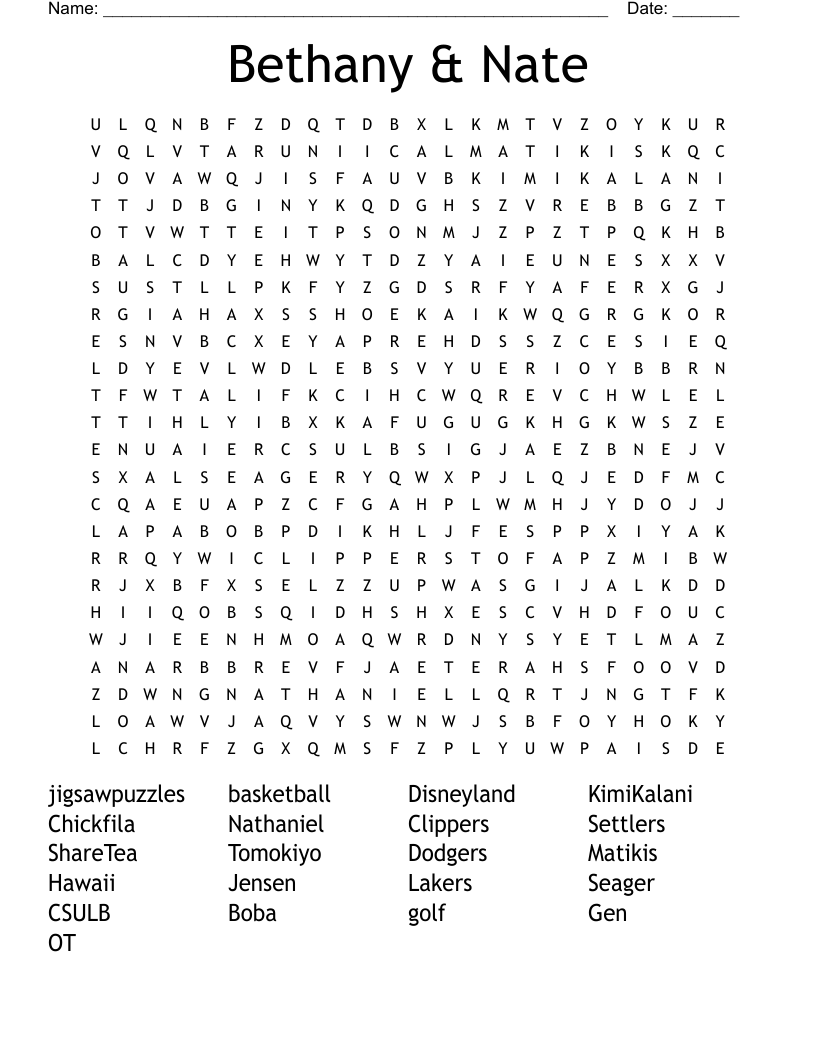 Bethany & Nate Word Search
