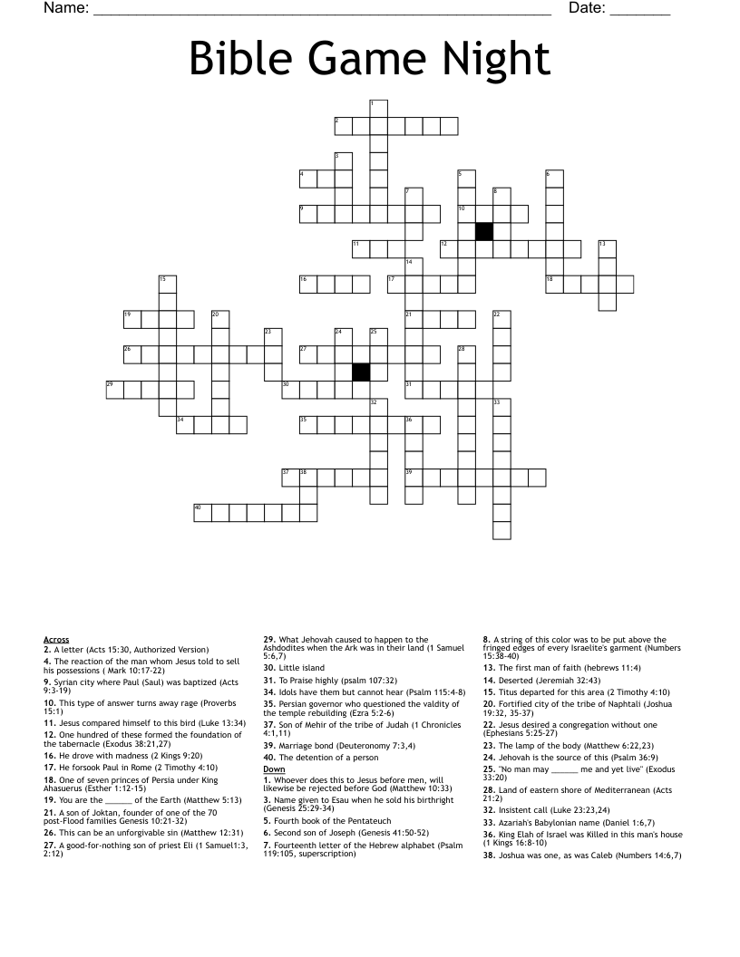 Bible Game Night Crossword