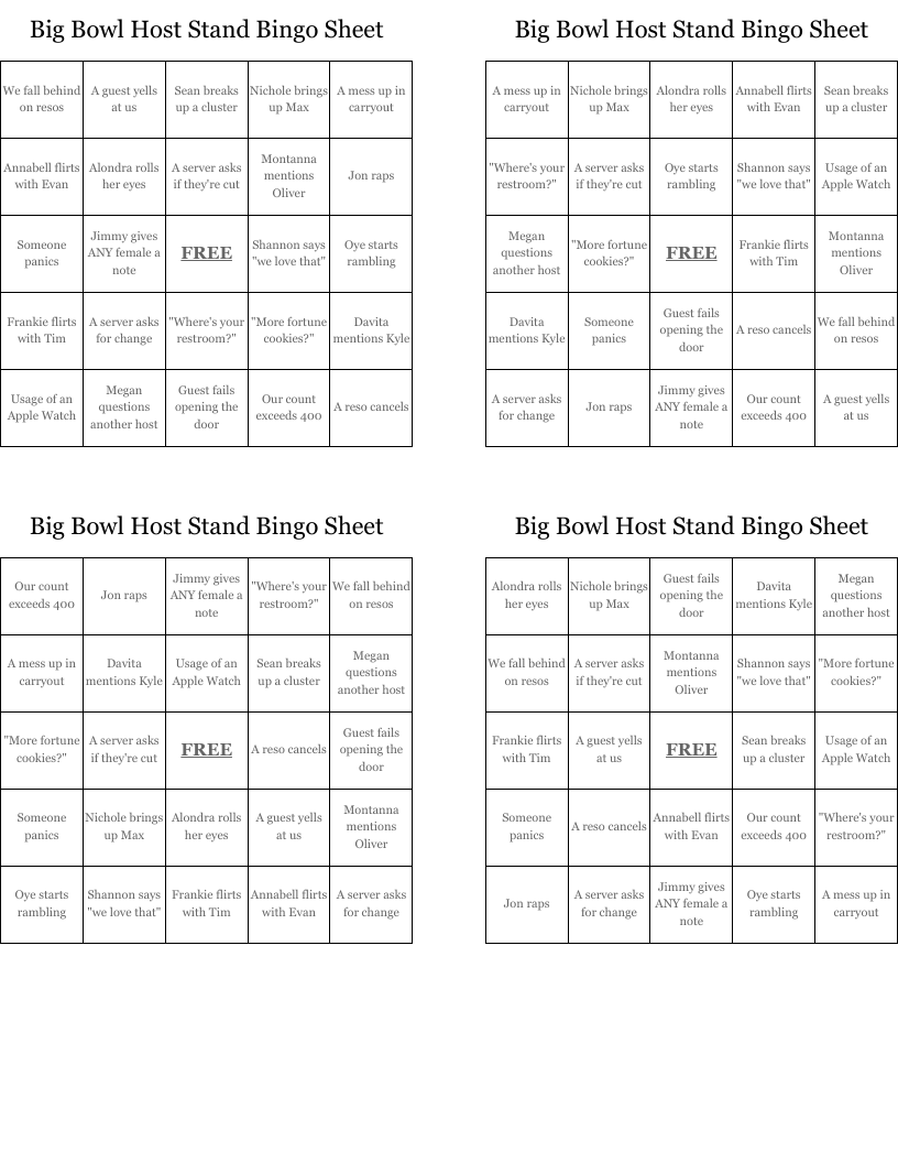 Big Bowl Host Stand Bingo Sheet