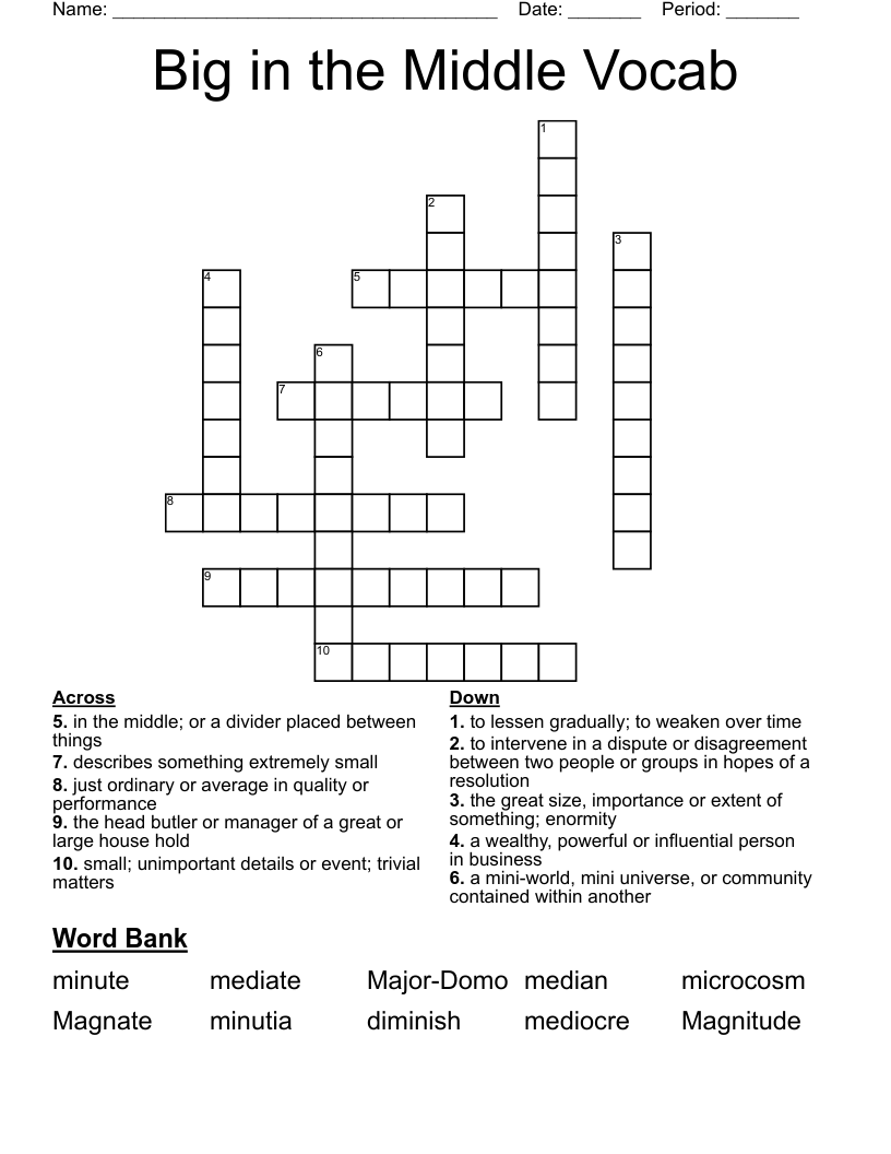 Big In The Middle Vocab Crossword WordMint