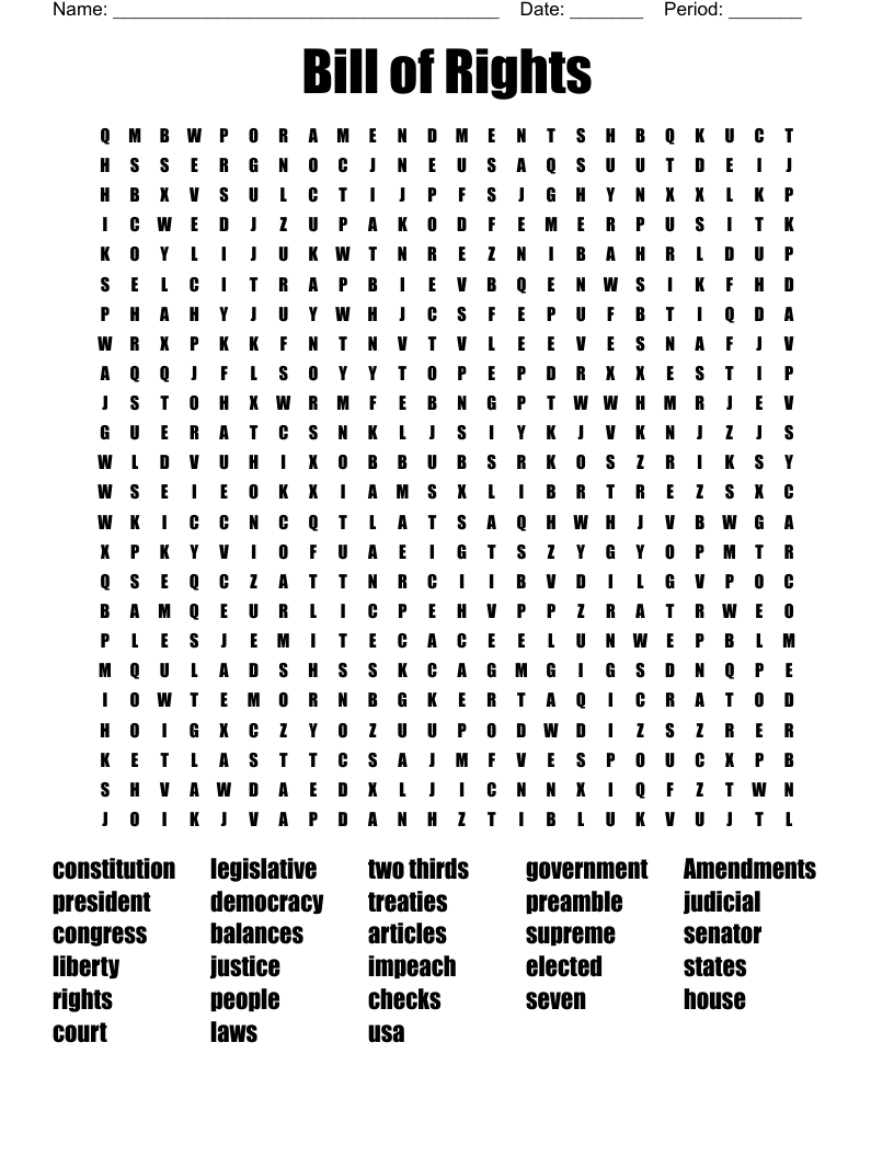 Bill of Rights Word Search - WordMint