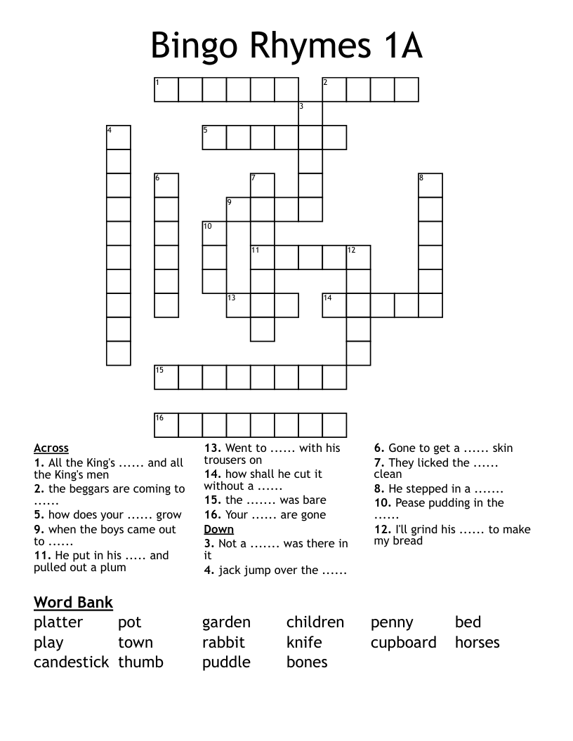 Bingo Rhymes 1A Crossword