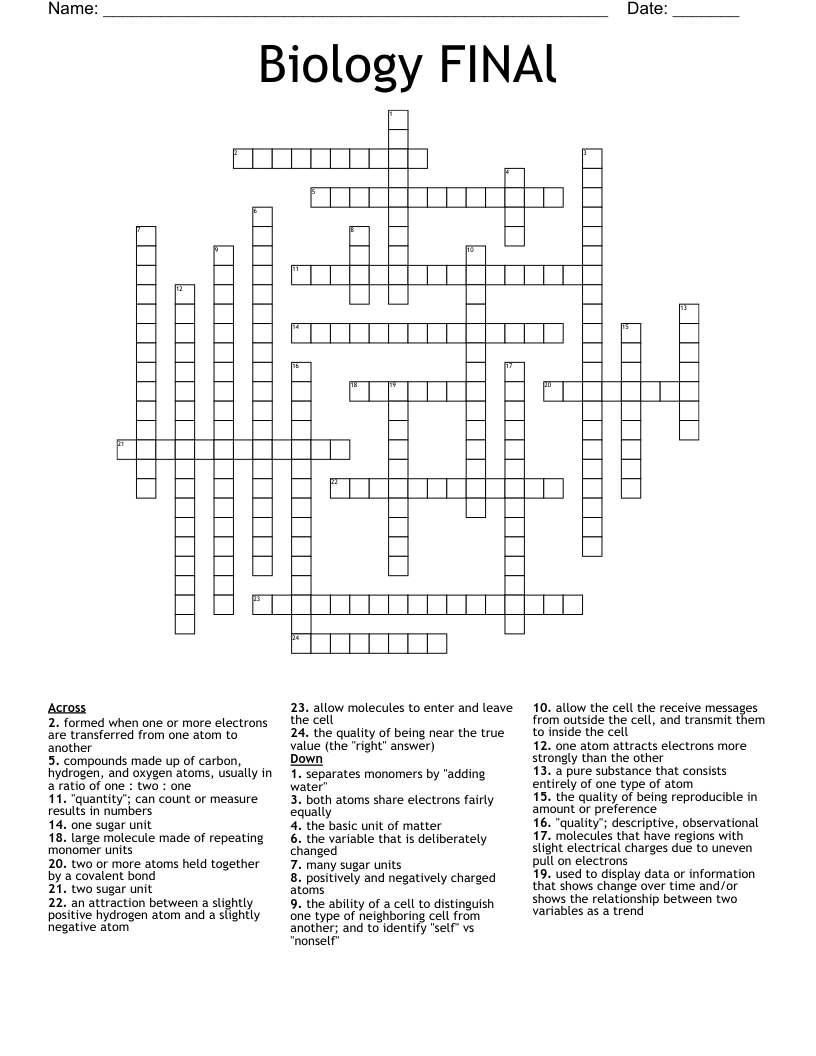 Biology FINAl Crossword