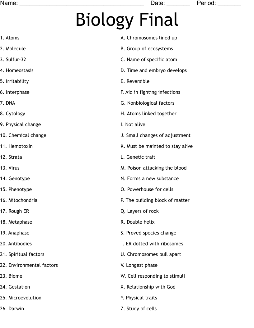 Biology Final  Worksheet