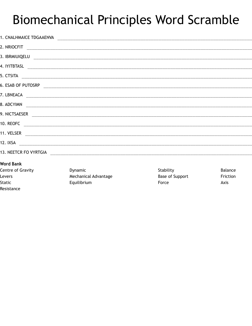 Biomechanical Principles Word Scramble