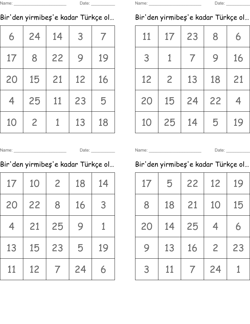 Bir'den yirmibeş'e kadar Türkçe olarak yaz. Bingo Cards