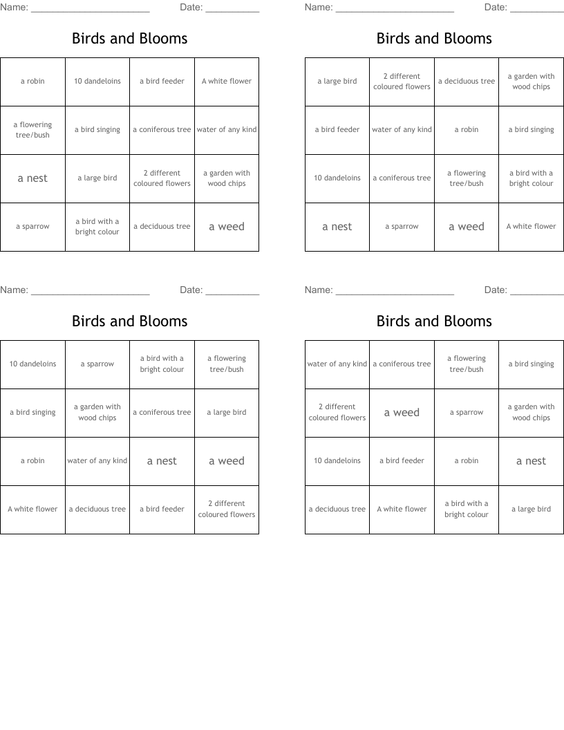 Birds and Blooms Bingo Cards