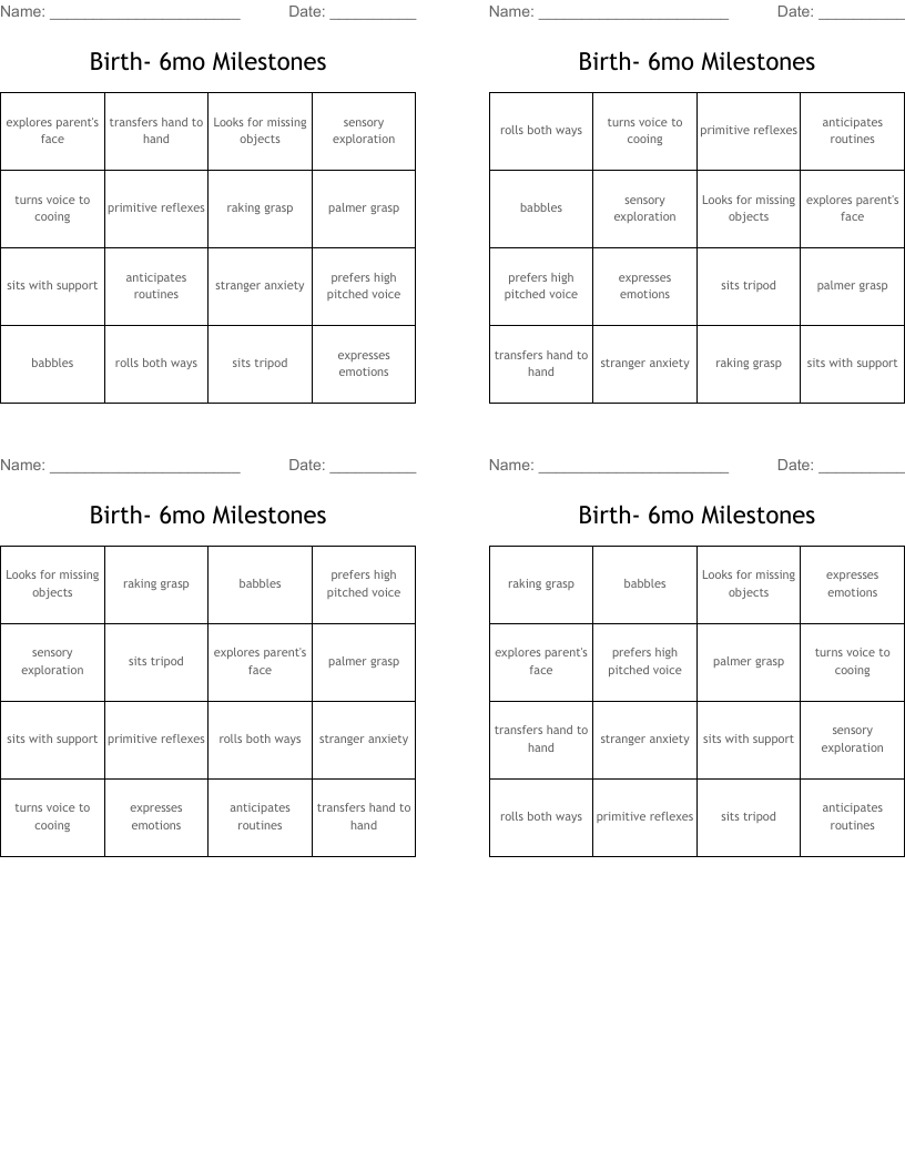 Birth- 6mo Milestones Bingo Cards