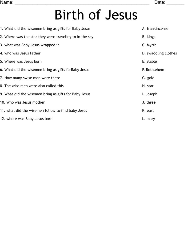 Birth of Jesus Worksheet - WordMint