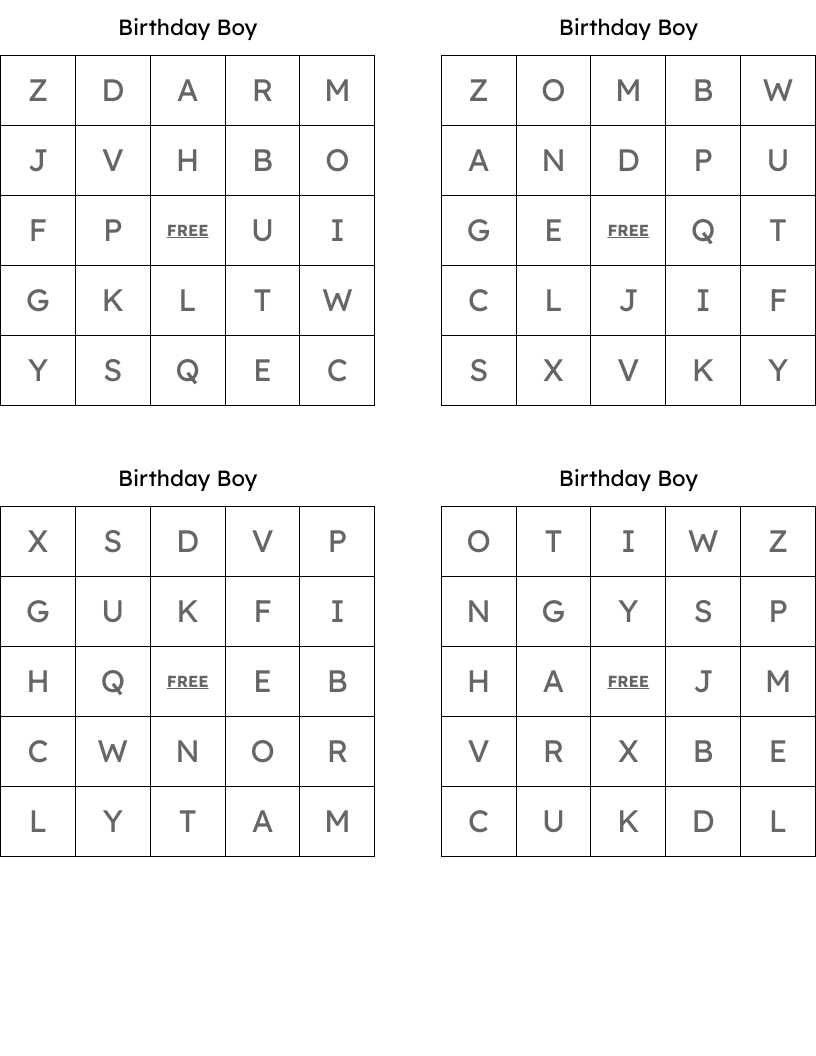 Printable Boy Birthday Bingo Cards