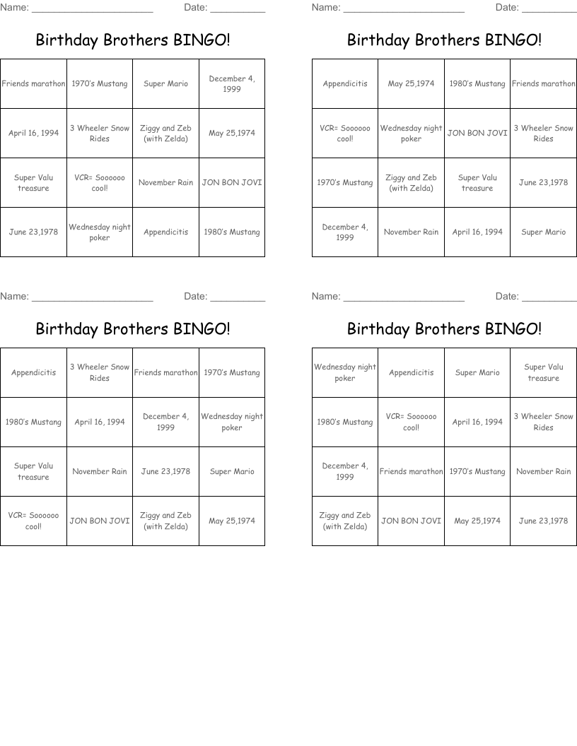 Birthday Brothers BINGO!