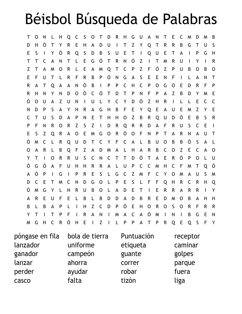 Béisbol Búsqueda de Palabras Word Search