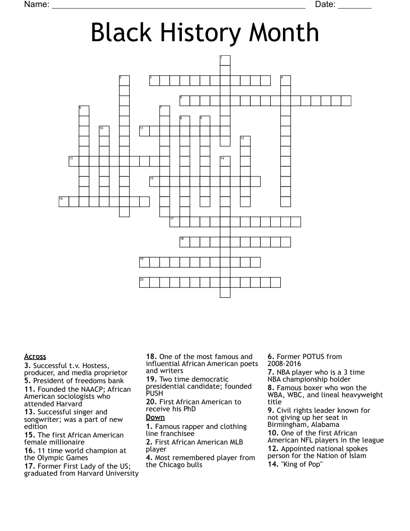 Famous Firsts Black History Month Crossword WordMint