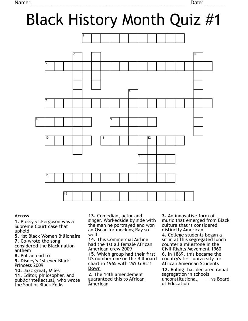 Black History Month Quiz #1 Crossword