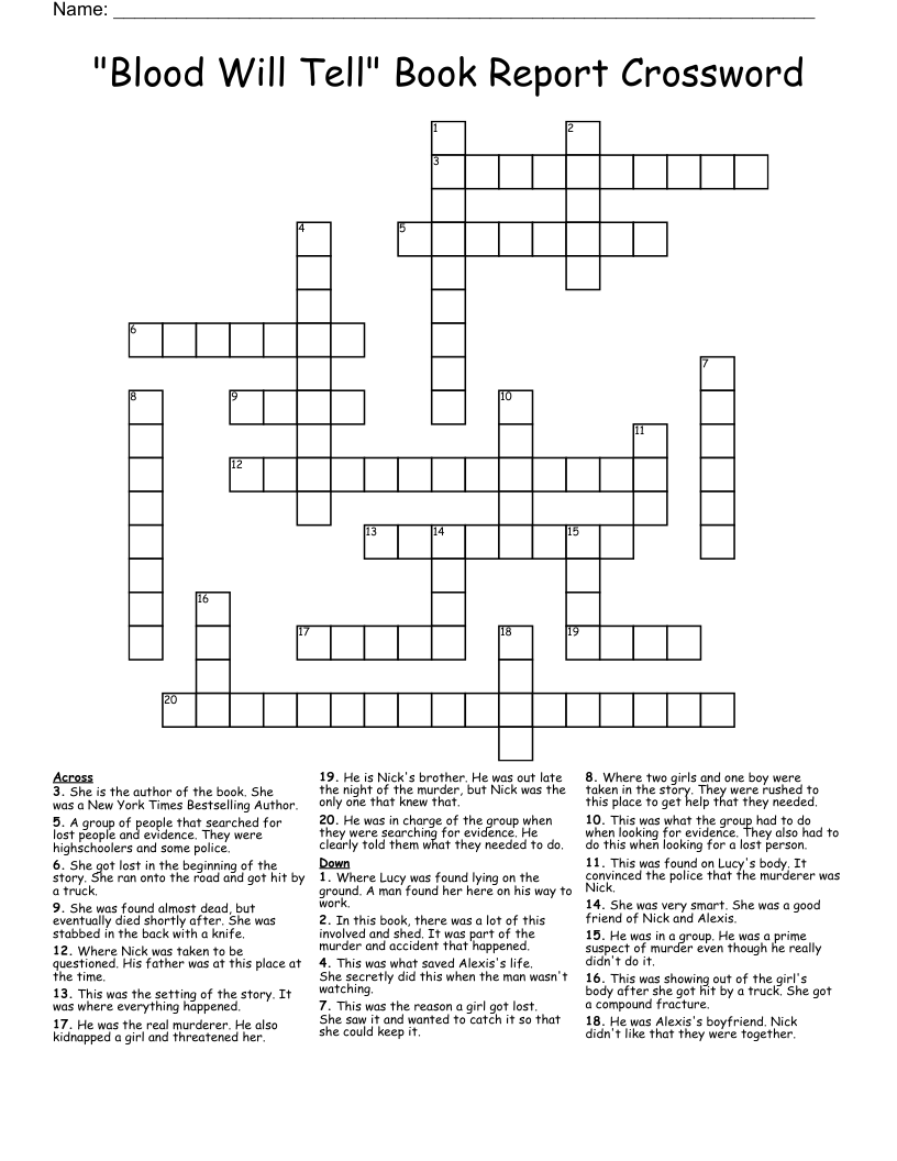 "Blood Will Tell" Book Report Crossword