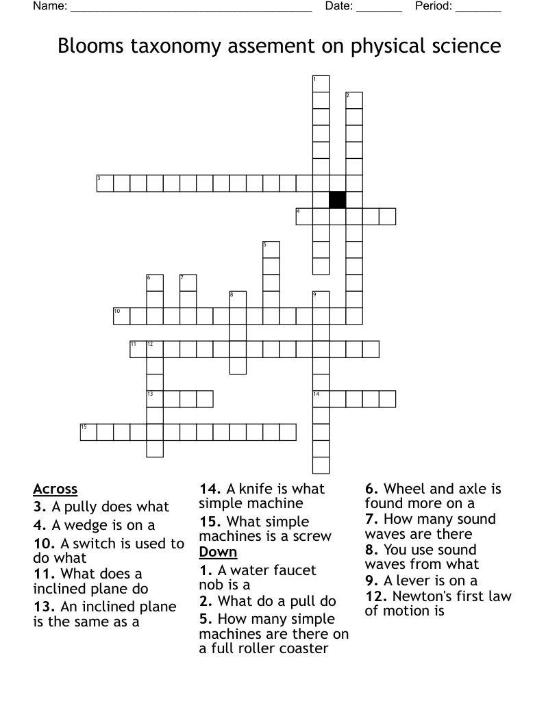 Blooms taxonomy assement on physical science Crossword