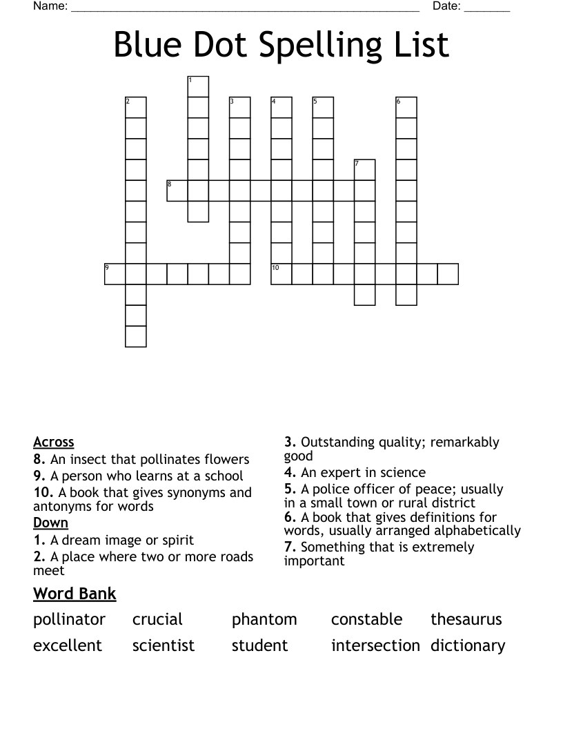 Blue Dot Spelling List Crossword