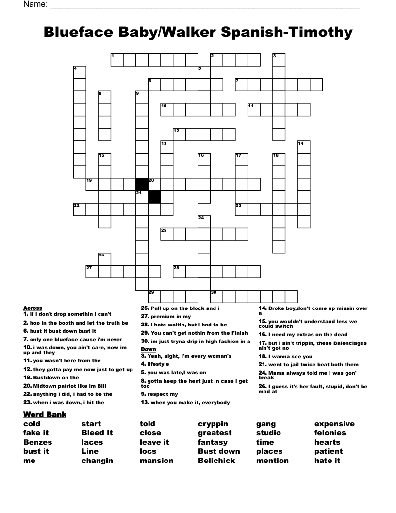 Blueface Baby/Walker Spanish-Timothy  Crossword