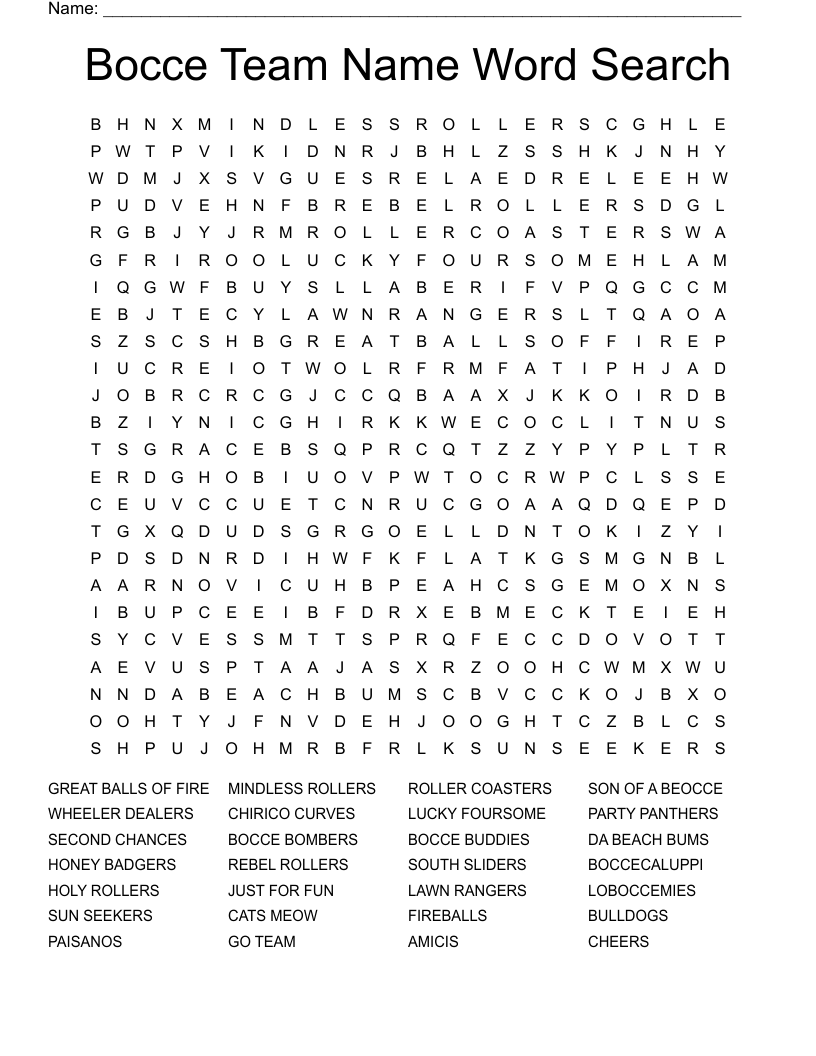Bocce Team Name Word Search - WordMint