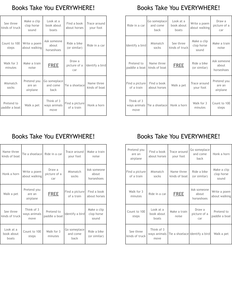 Books Take You EVERYWHERE! Bingo Cards