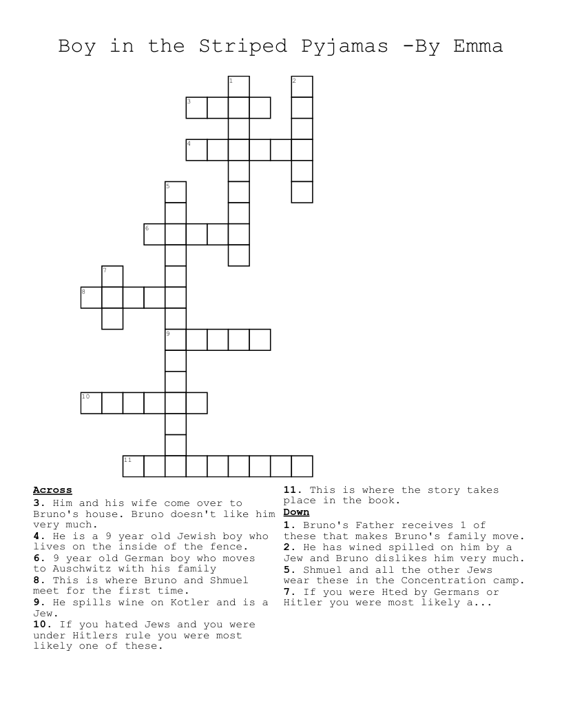 Boy in the Striped Pyjamas -By Emma Crossword