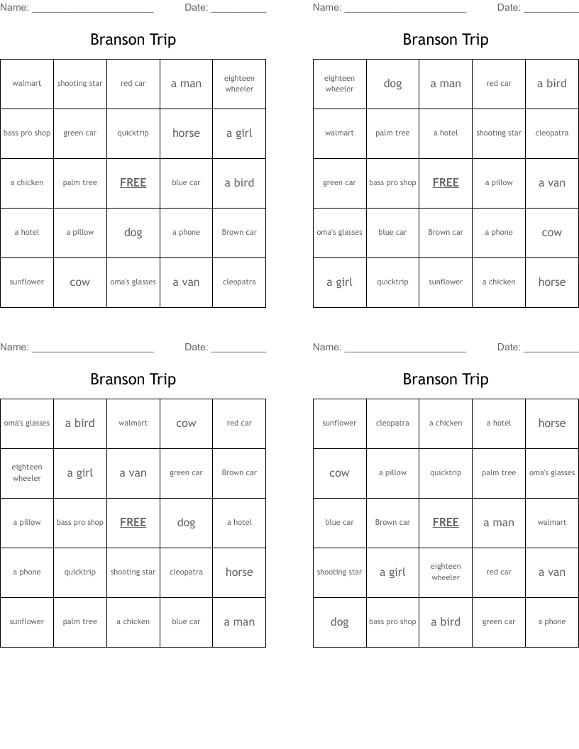 Branson Trip Bingo Cards