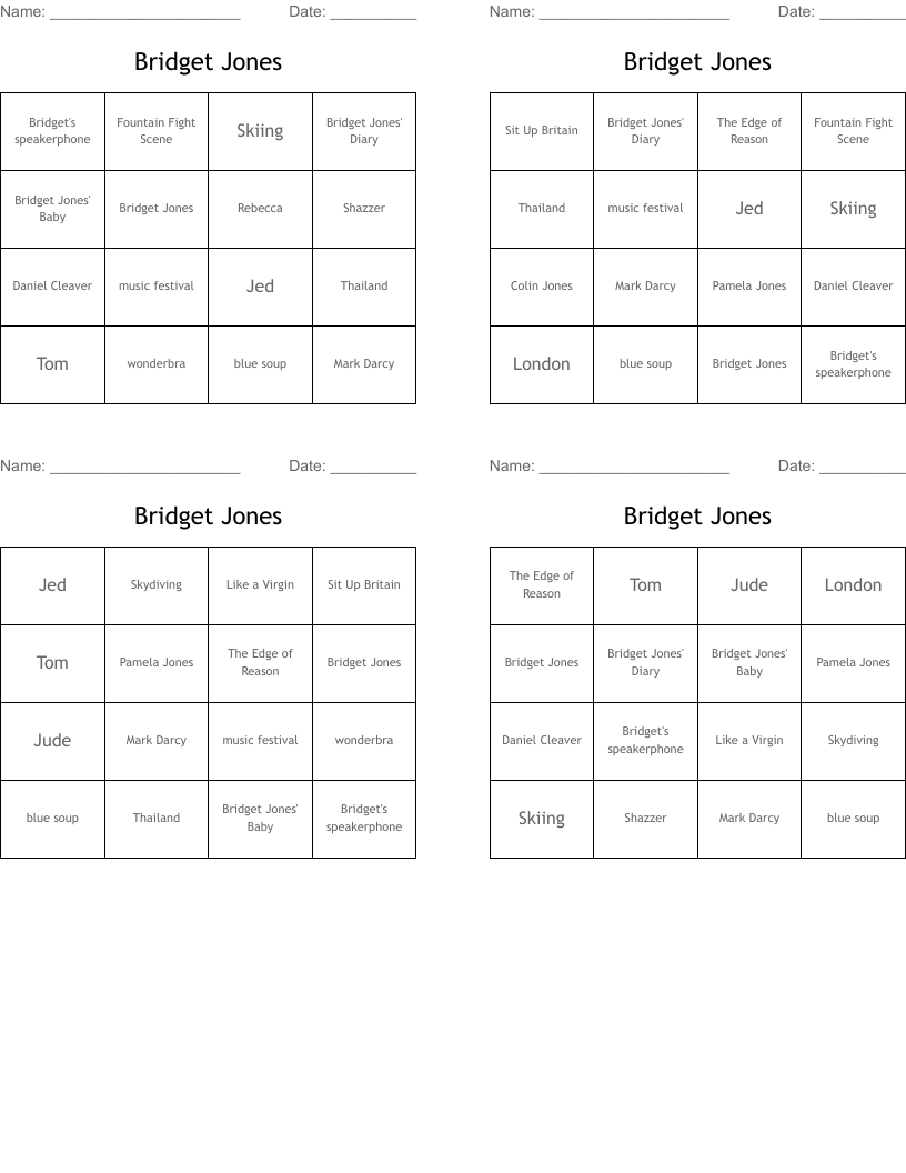 Bridget Jones Bingo Cards