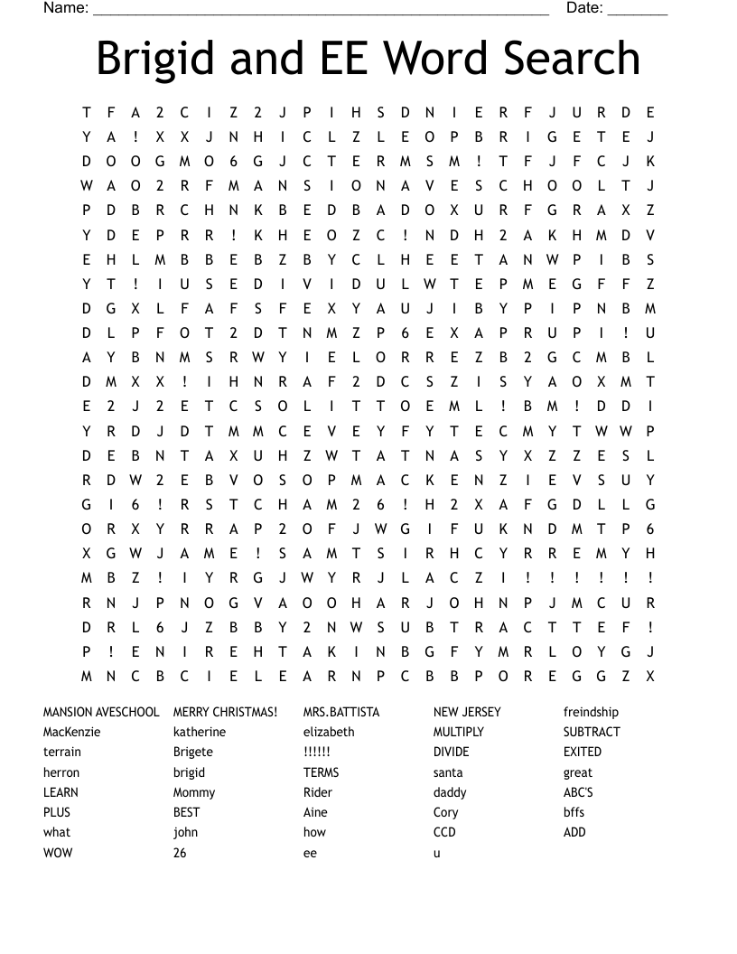 Brigid and EE Word Search