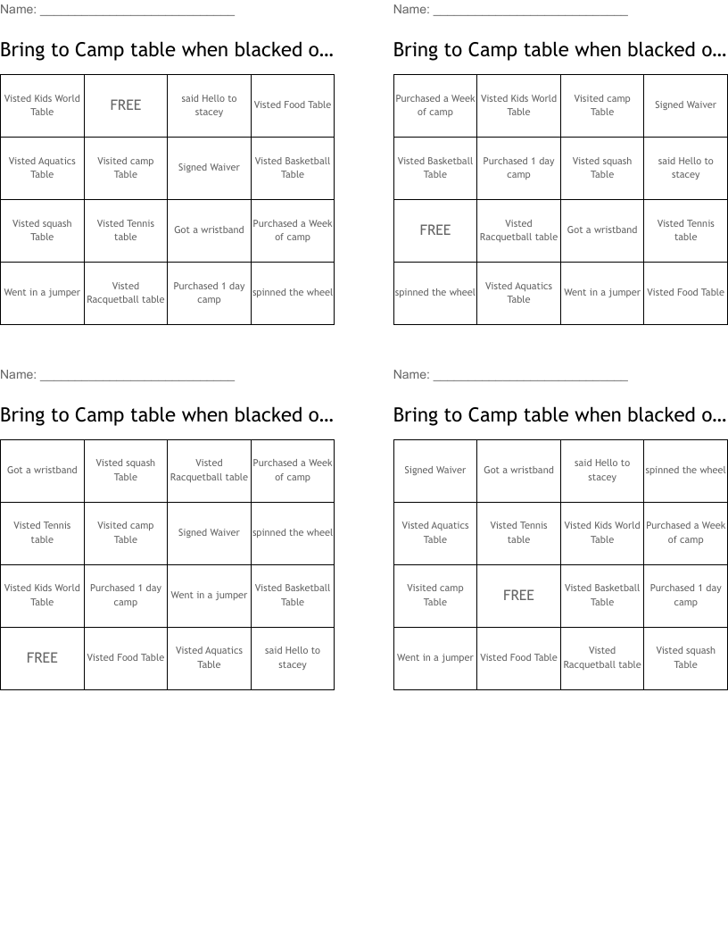 Bring to Camp table when blacked out Bingo Cards