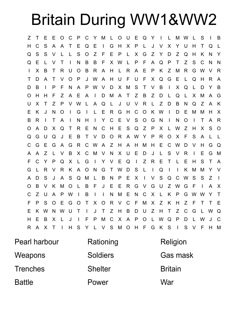Britain During WW1&WW2 Word Search