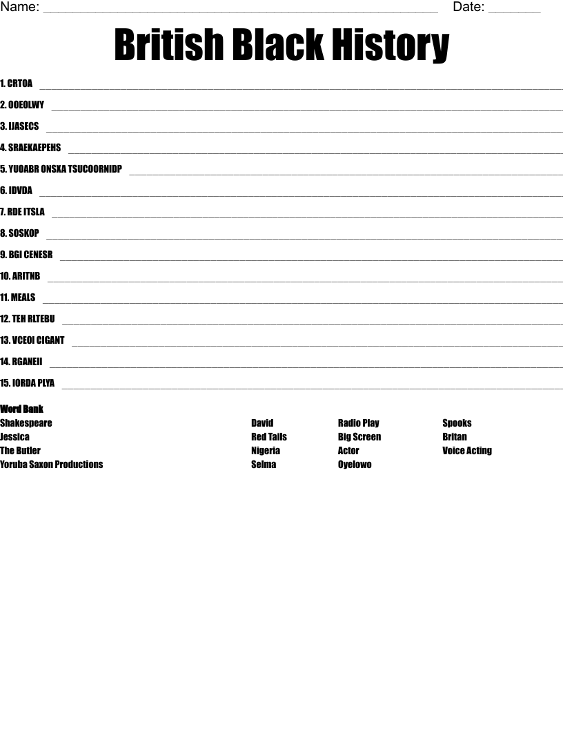 British Black History  Word Scramble