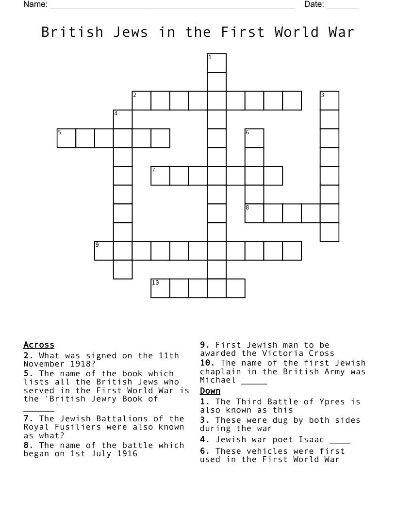 British Jews in the First World War Crossword