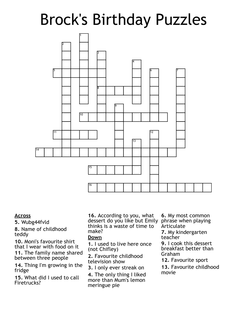 Brock's Birthday Puzzles Crossword